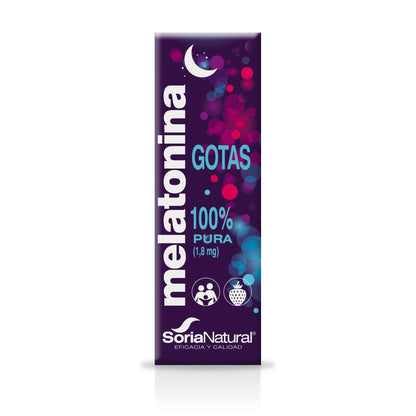 Embalagem com 2 gotas de melatonina 100% pura Soria Natural 50 ml 