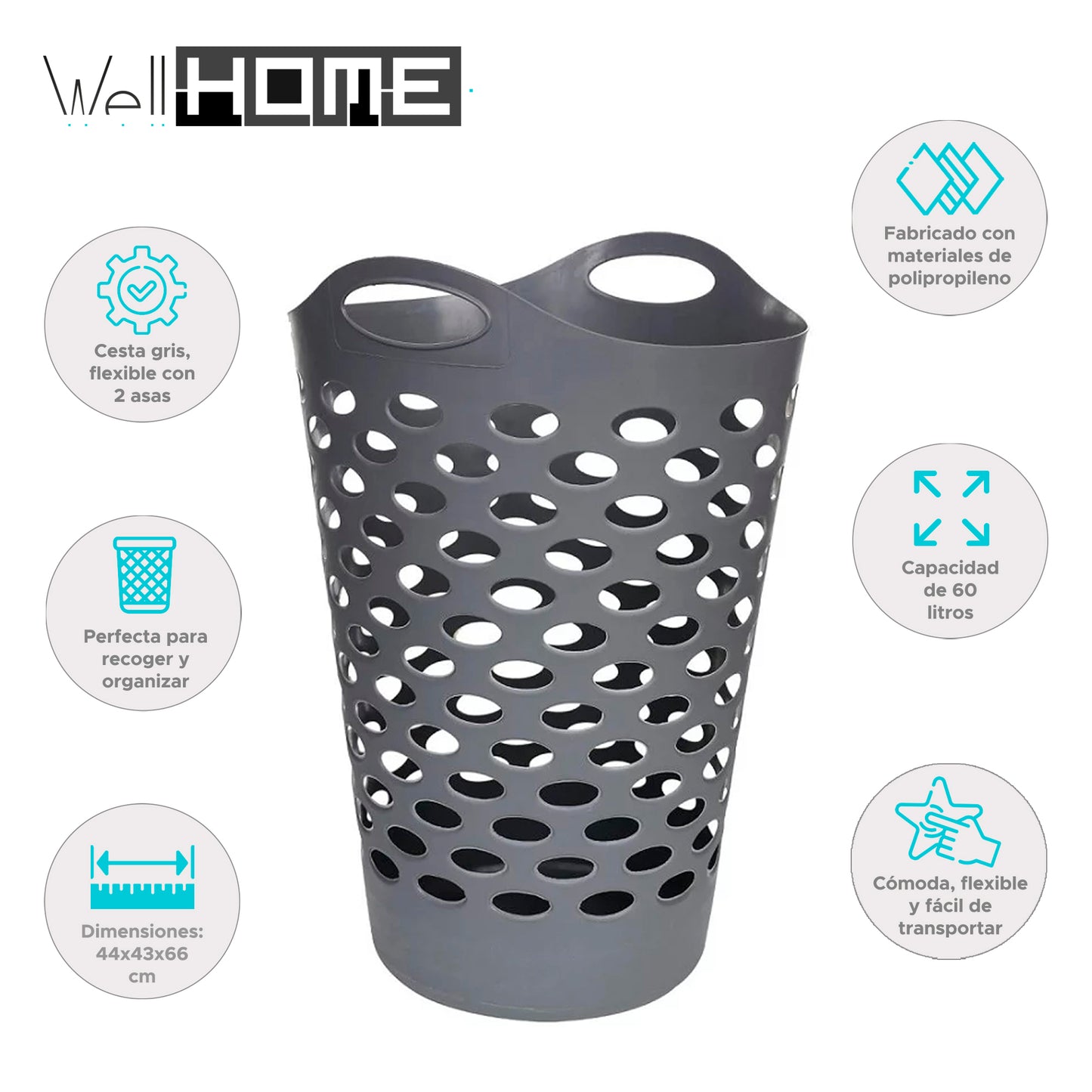 Wellhome - Cesto Para La Colada Gris 60l_1