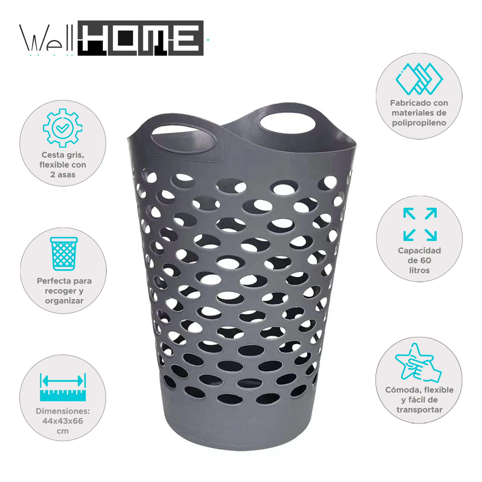 Wellhome - Cesto Para La Colada Gris 60l_1