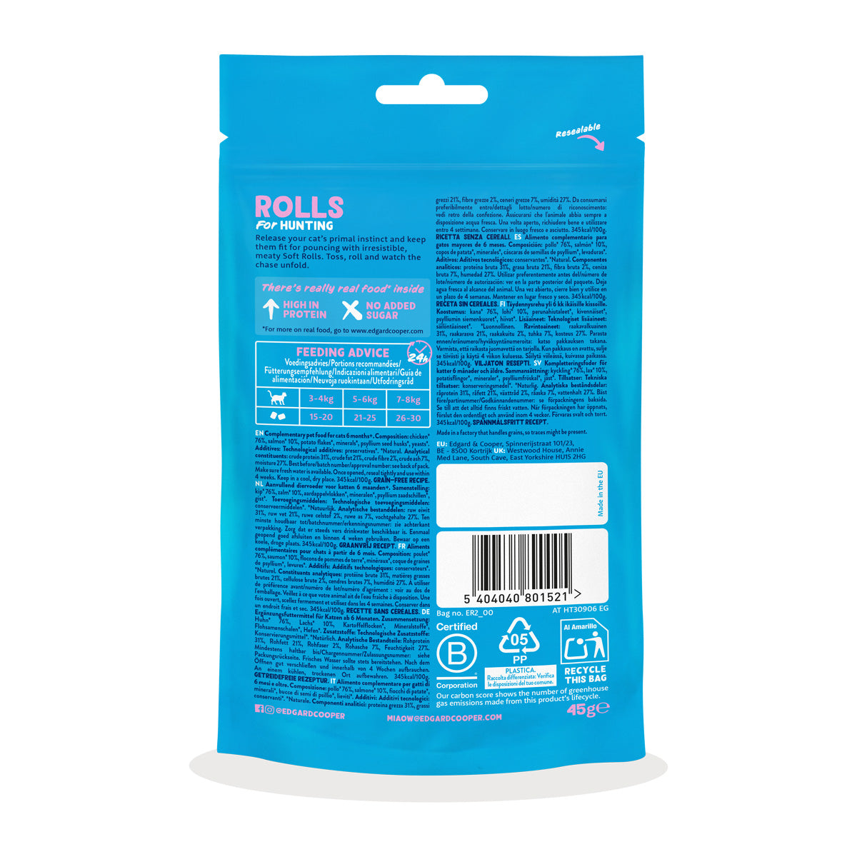 Rolinhos de Salmão e Frango - snacks Naturais para Gatos Edgard Cooper 45g