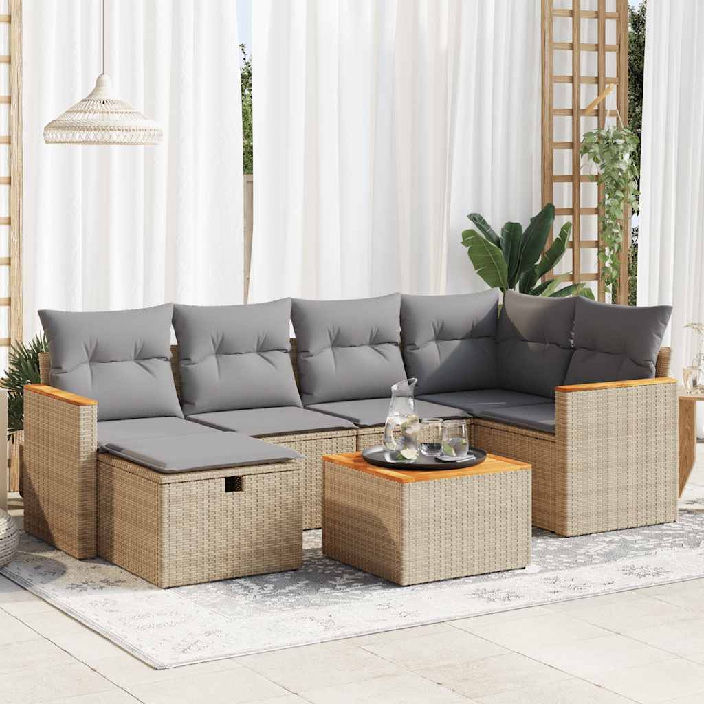 Set Sofás De Jardín 7 Piezas Y Cojines Ratán Sintético Beige / Vetonek_1
