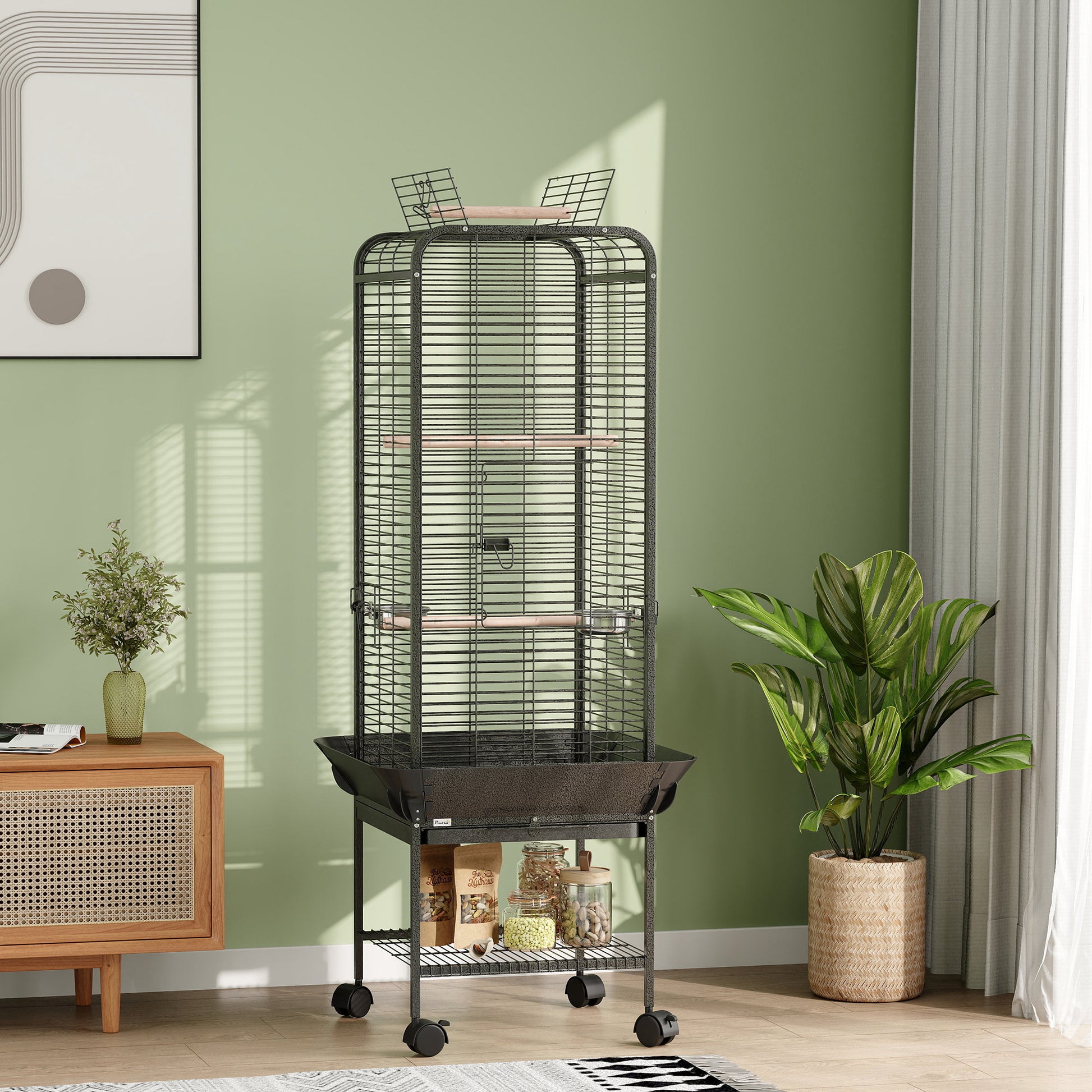 Pawhut Jaula Para Pájaros Con Ruedas Estante 62,5x62,5x146 Cm Gris Oscuro_1