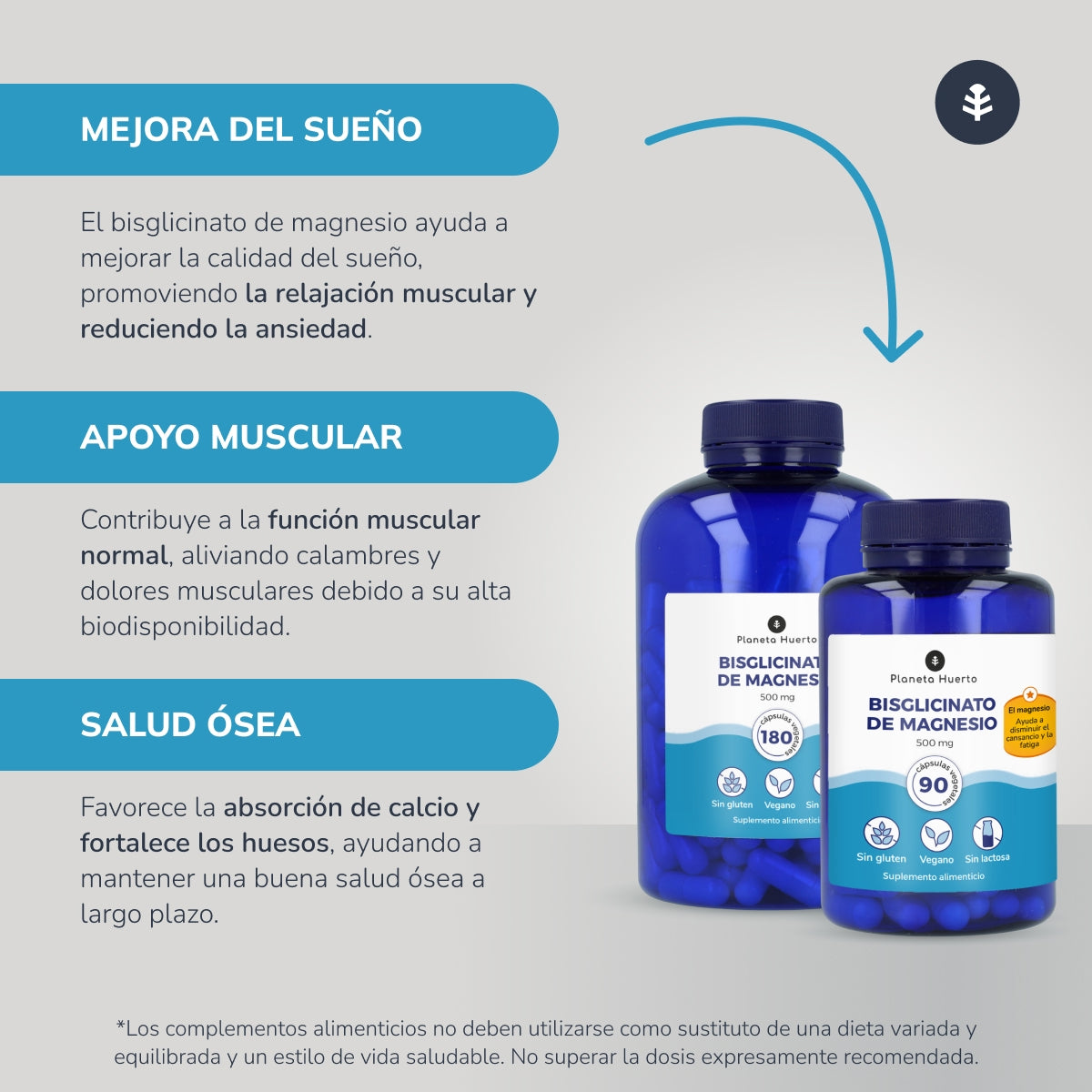 Embalagem 2xBisglicinato de Magnésio 500 mg Planeta Huerto 180 cápsulas