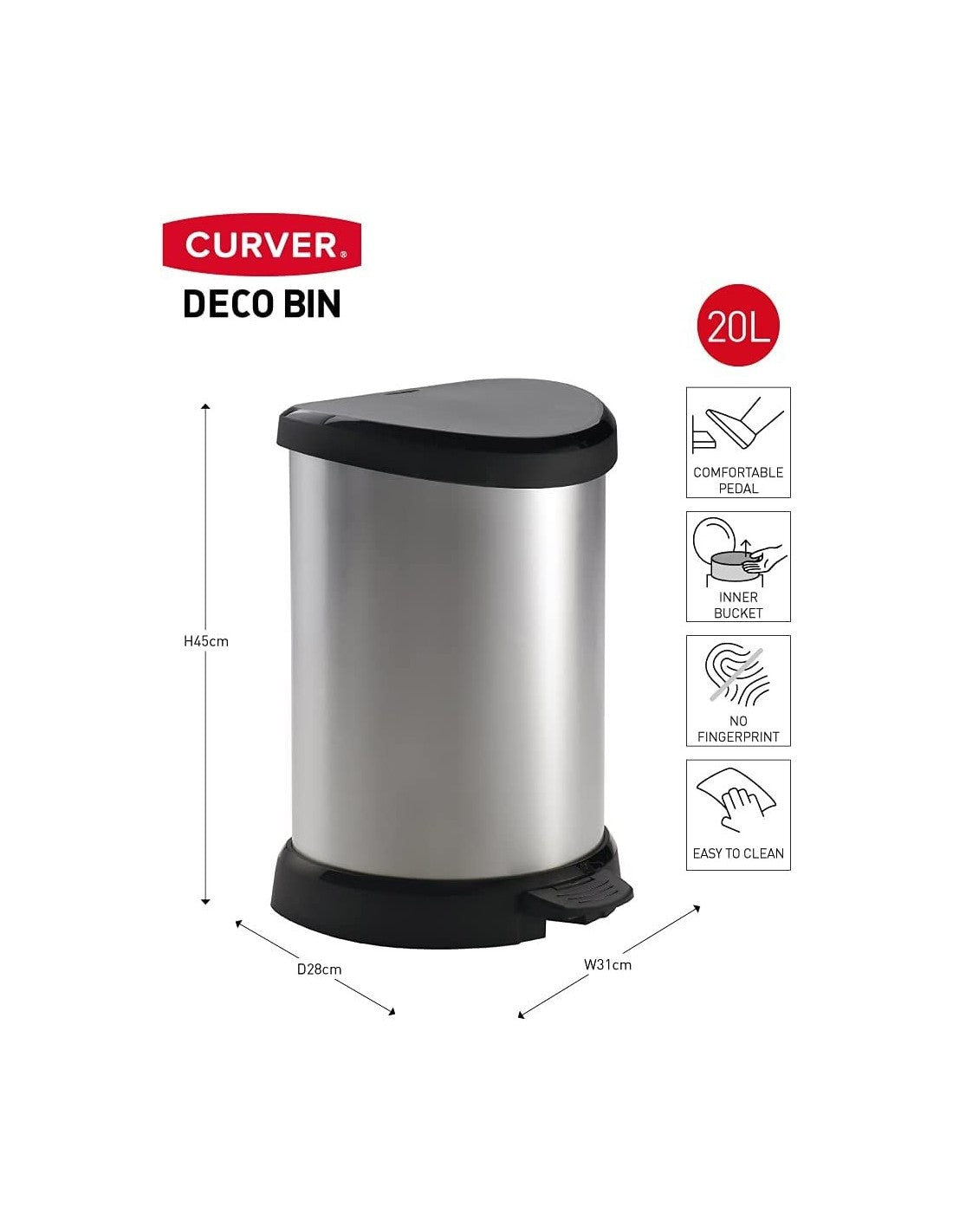 Papeleira Curver 20L Metalizada IML com Pedal e Fecho