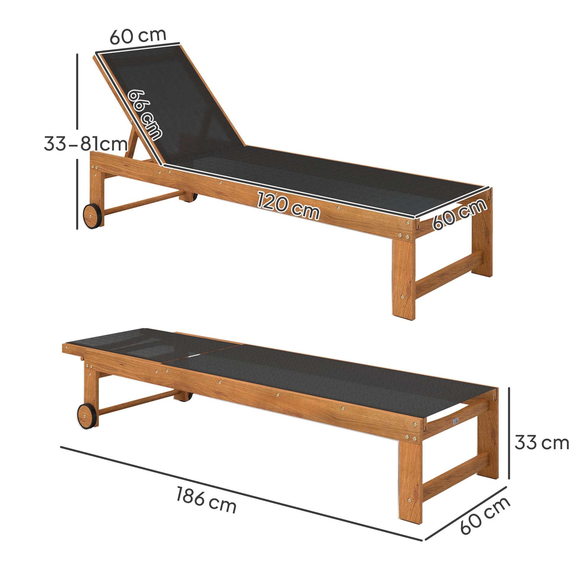 Outsunny Juego De 2 Tumbonas De Madera Con Ruedas Respaldo Ajustable Negro_2