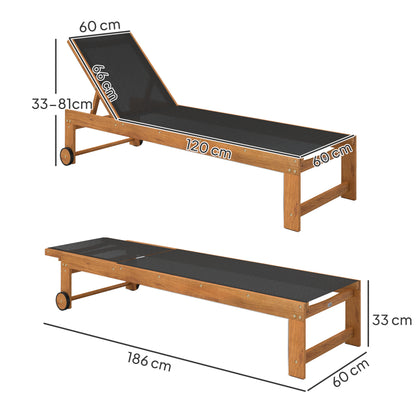 Outsunny Juego De 2 Tumbonas De Madera Con Ruedas Respaldo Ajustable Negro_2