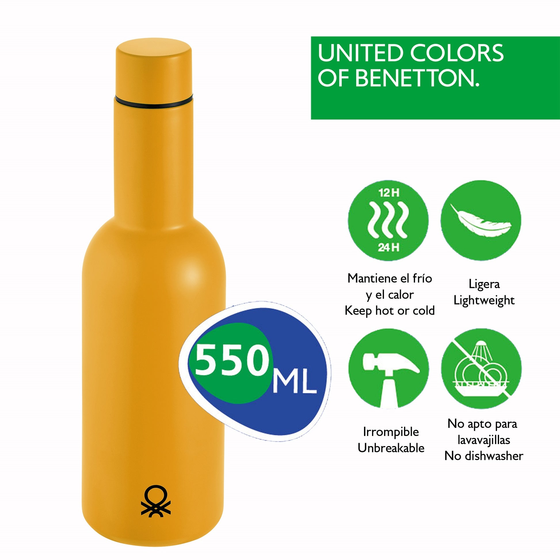 Botella De Agua 550ml Acero Inoxidable Amarilla Casa Benetton_1
