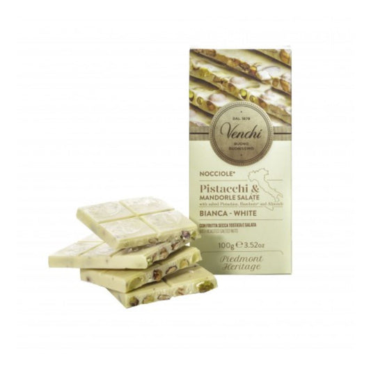 Barra de chocolate branco com avelãs inteiras IGP Piemonte, pistácio e amêndoas Venchi 110 gr