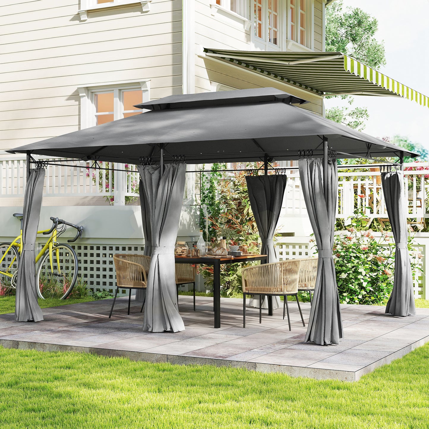 Outsunny Cenador Para Jardín 4x3 M Con Doble Techo Paredes Laterales Gris Oscuro_1