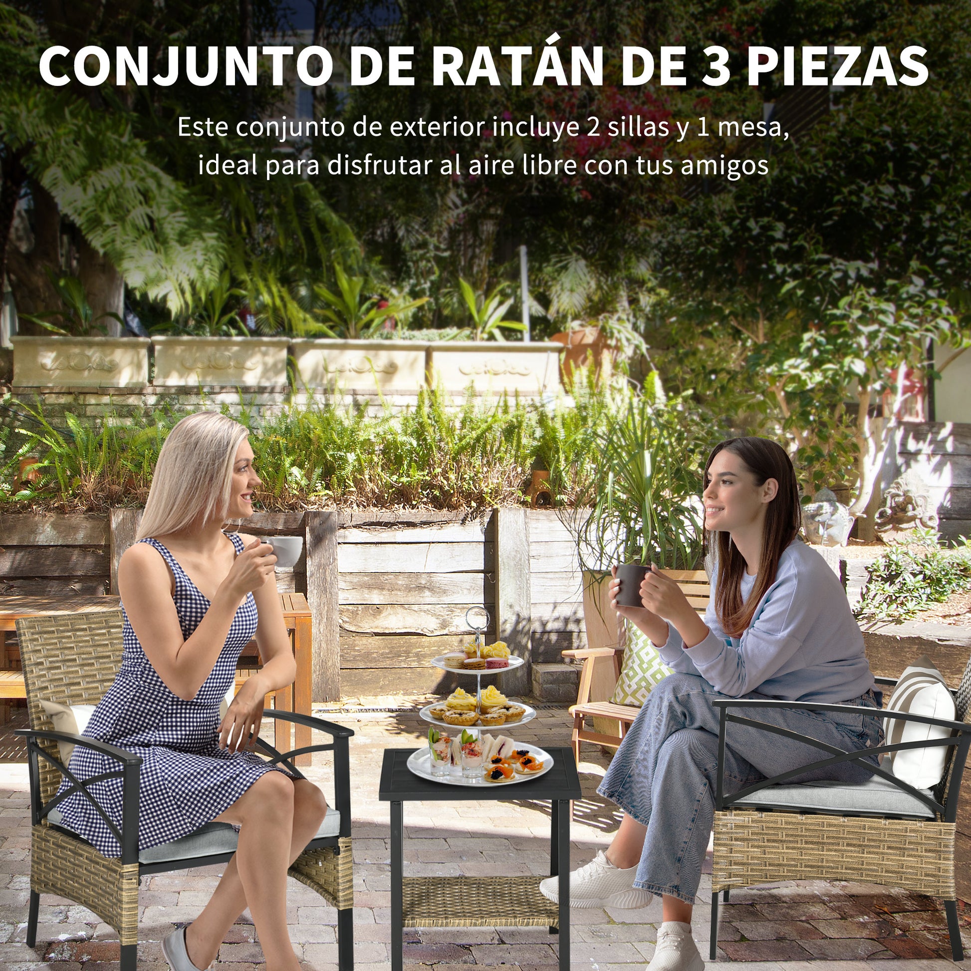 Outsunny Conjunto Mesa Y 2 Sillas De Jardín De Ratán 3 Piezas Con 2 Cojines_5