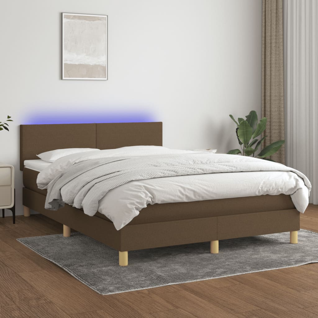 Cama Box Spring Con Colchón Led Tela Marrón Oscuro 140x200 Cm / Vetonek_4
