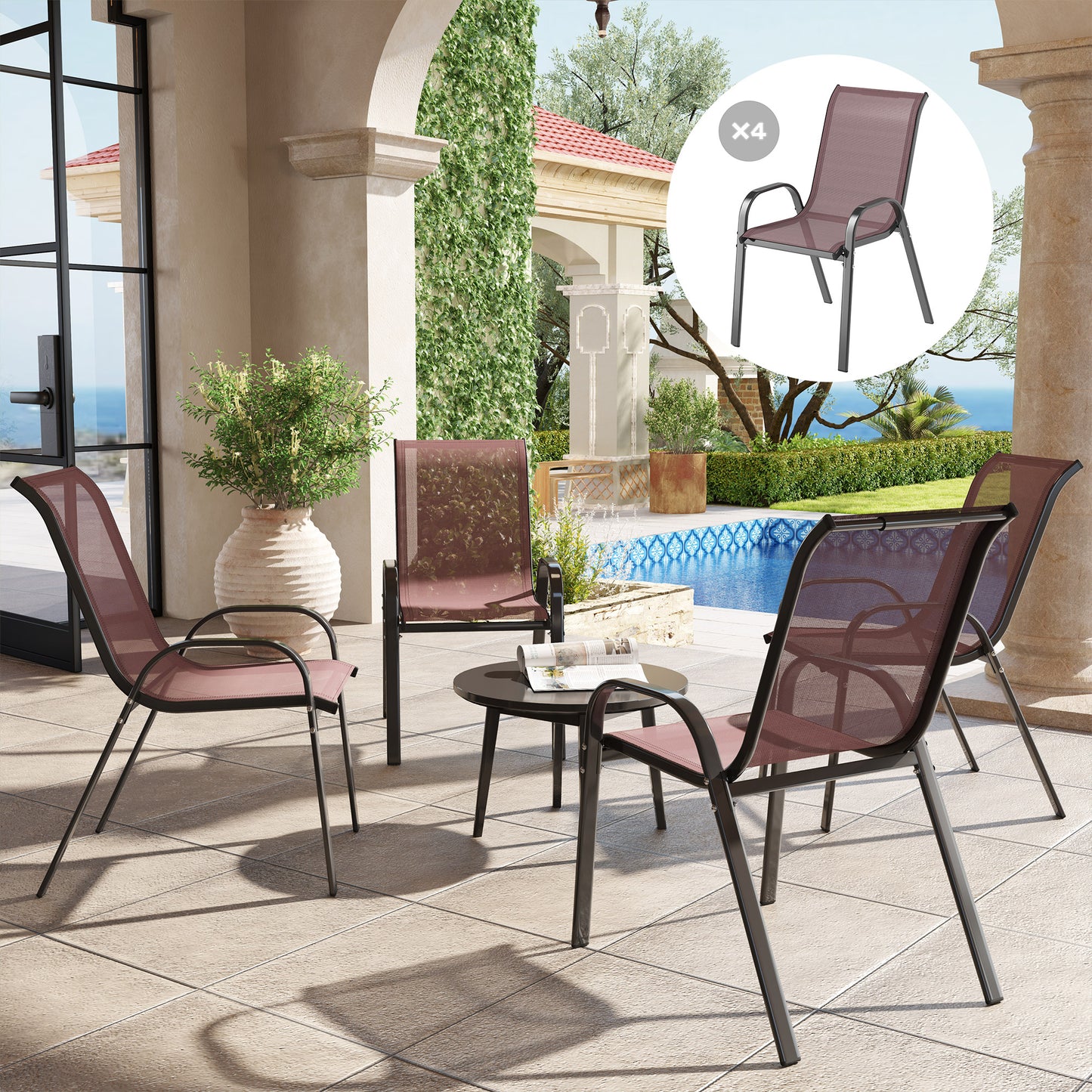 Outsunny Juego De 4 Sillas De Jardín Apilables 54x71x93 Cm Marrón Oscuro Y Negro_1
