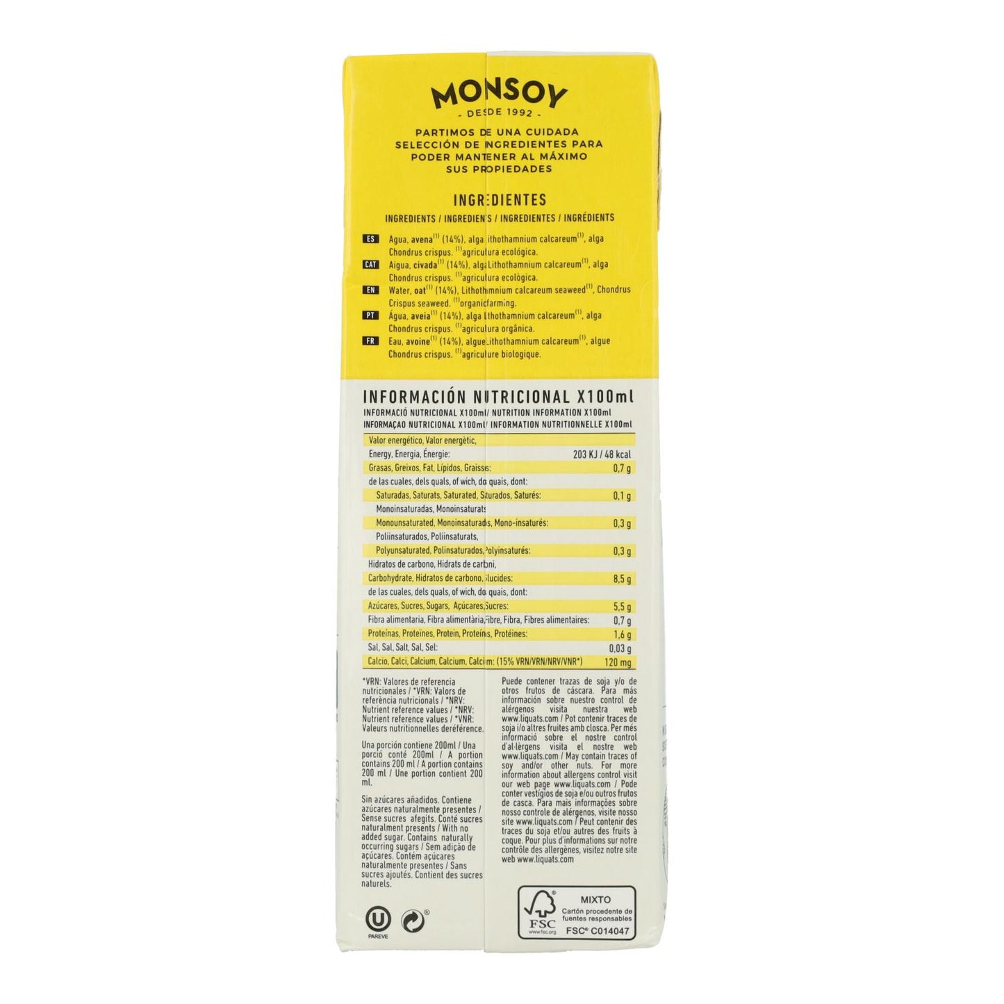 Pack de 6 Bebidas de Aveia Biológica Monsoy com Cálcio 1 L