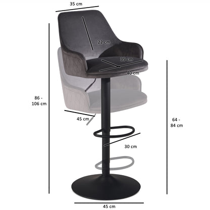 Taburete De Bar, Terciopelo Gris Con Respaldo 86 - 106 Cm_3