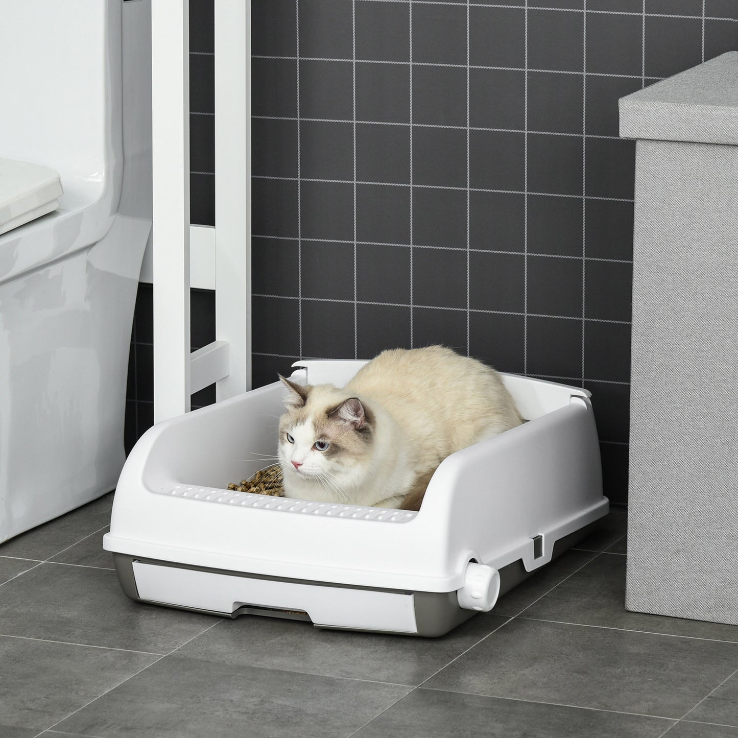 Pawhut Bandeja Higiénica Arenero Para Gatos Con Botón 62x46,5x19,5 Cm Blanco_1
