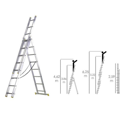 Escalera Aluminio 3 Tramos 9+9+9 Peldaños.plegable, Telescópica, Antideslizante, Resistente._1