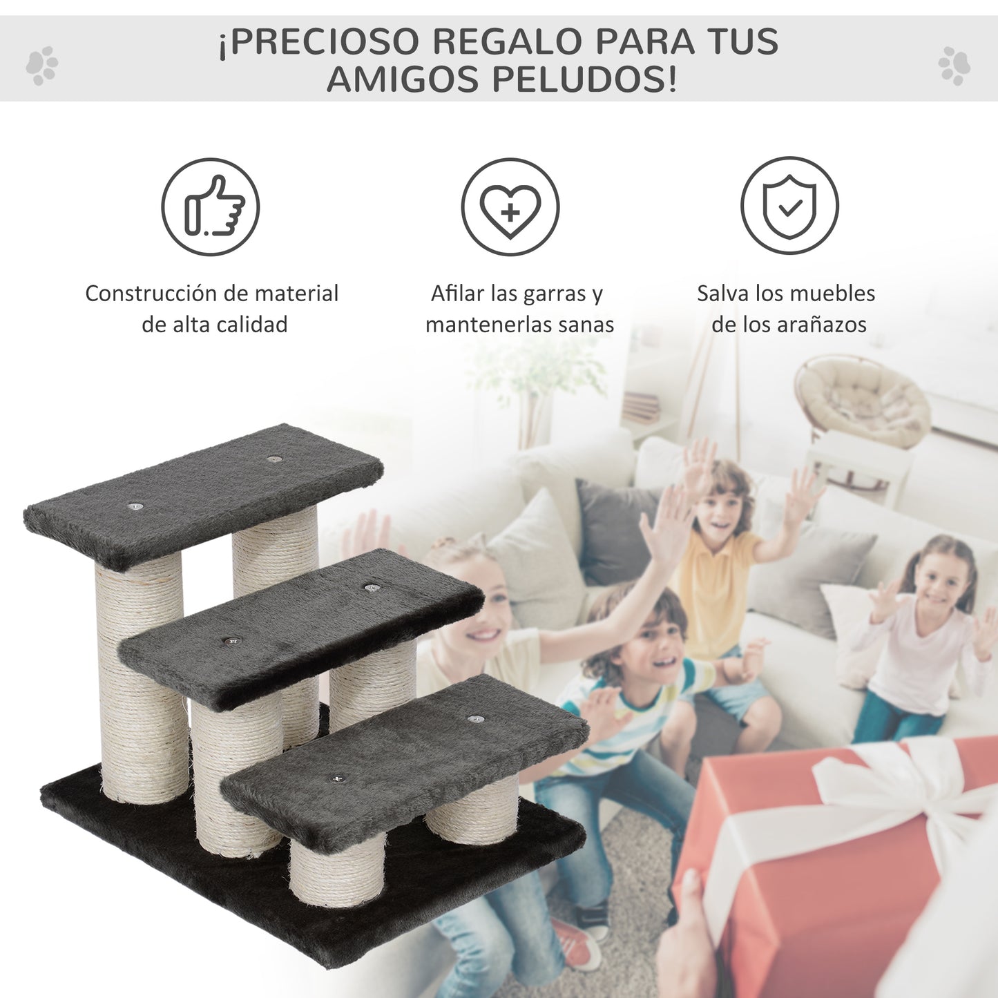 Pawhut Escalera De 3 Peldaños Para Mascotas Con Poste Rascador Cubierta 45x35x34_5