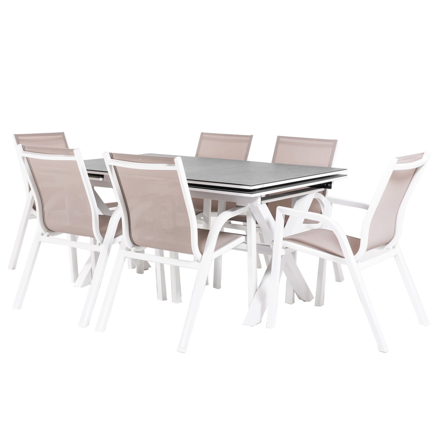 Conjunto De Mesas Y Sillas Reforzadas Para Terraza, Mesa Extensible 150 A 250 Cm, Aluminio Y Cristal, Color Blanco_0