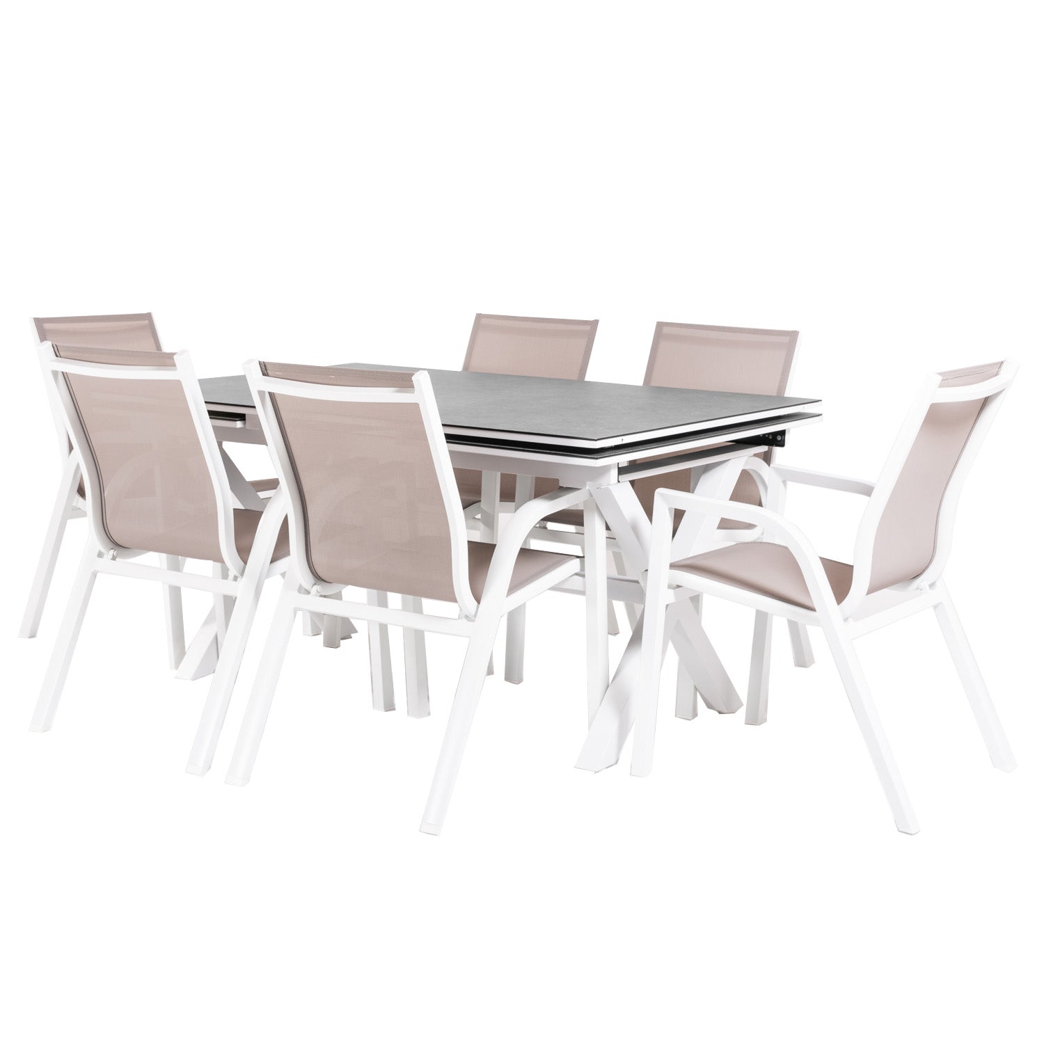 Conjunto De Mesas Y Sillas Reforzadas Para Terraza, Mesa Extensible 150 A 250 Cm, Aluminio Y Cristal, Color Blanco_0