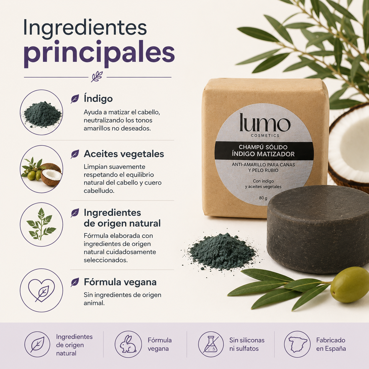 Champú Sólido Índigo 80 g | Matizador Antiamarillo para Canas y Cabello Rubio_2