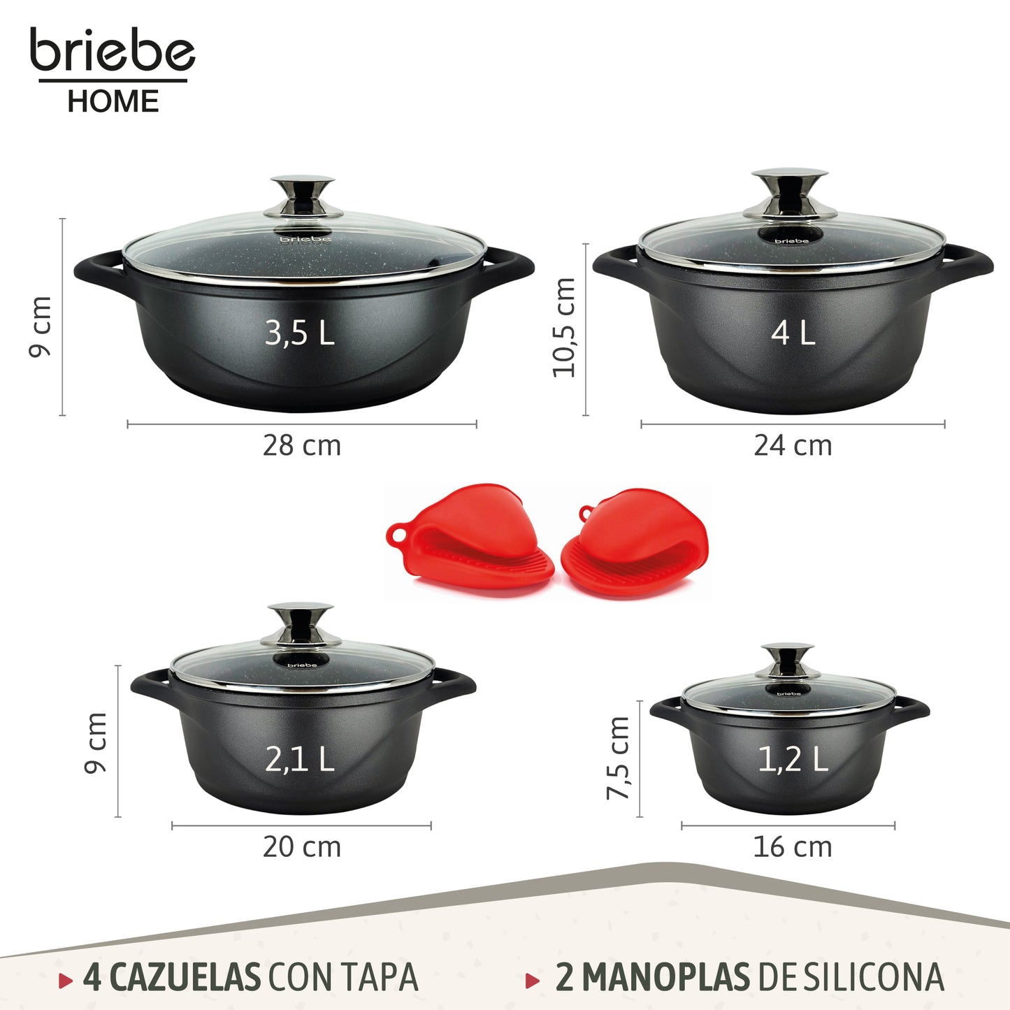 Briebe Batería De Cocina Inducción 8 Piezas Aluminio Fundido 4 Ollas Con Tapa De Cristal Antiadherente, Mgk-17, Negro_2