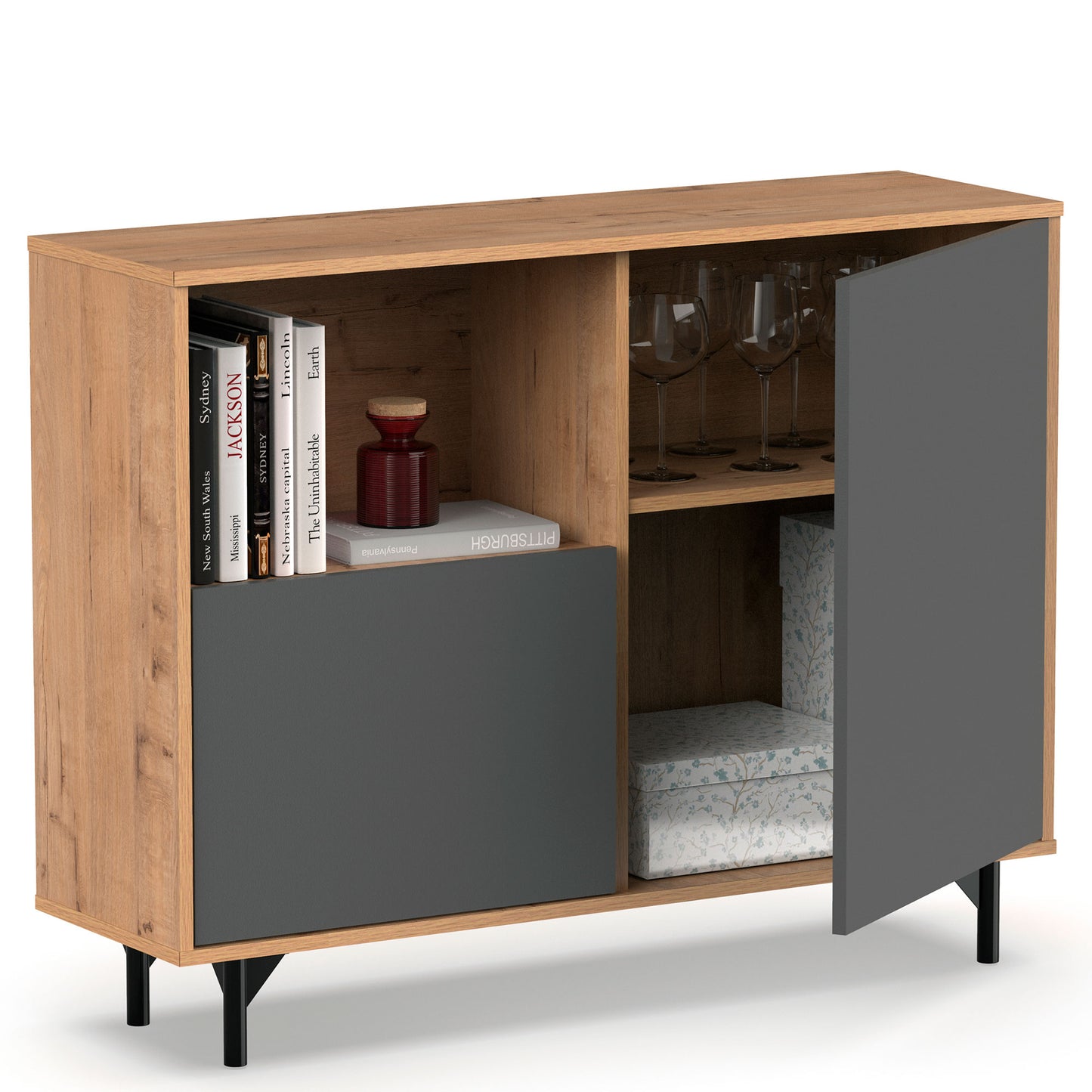 Aparador, Mueble Salón Auxiliar, Buffet, 2 Puertas, 1 Estante 86x112x33 Cm Recibidor Moderno, Briebe, Fokus, Gris_4