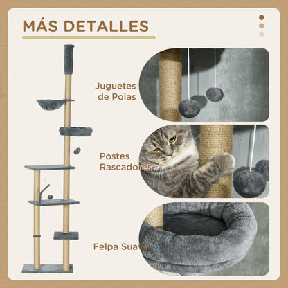 Pawhut Árbol Para Gatos De Suelo A Techo De 230-250cm Con Altura Ajustable Gris_5
