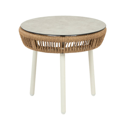 Mesa Auxiliar Cristal Templado, Ratán Tipo Cuerda, Aluminio Y Ratán Sintético Redondo, Color Blanco, 49x47cm Alto_0