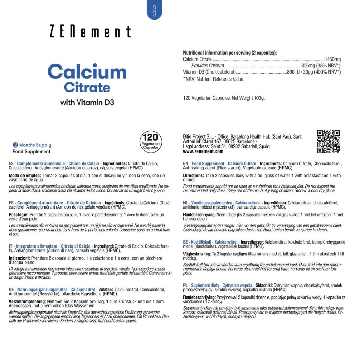 Citrato de Cálcio, com Vitamina D3 Zenement, 120 comprimidos