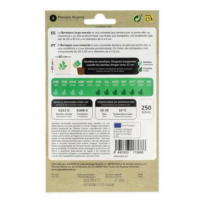 Sementes orgânicas de beringela roxa longa Planeta Huerto