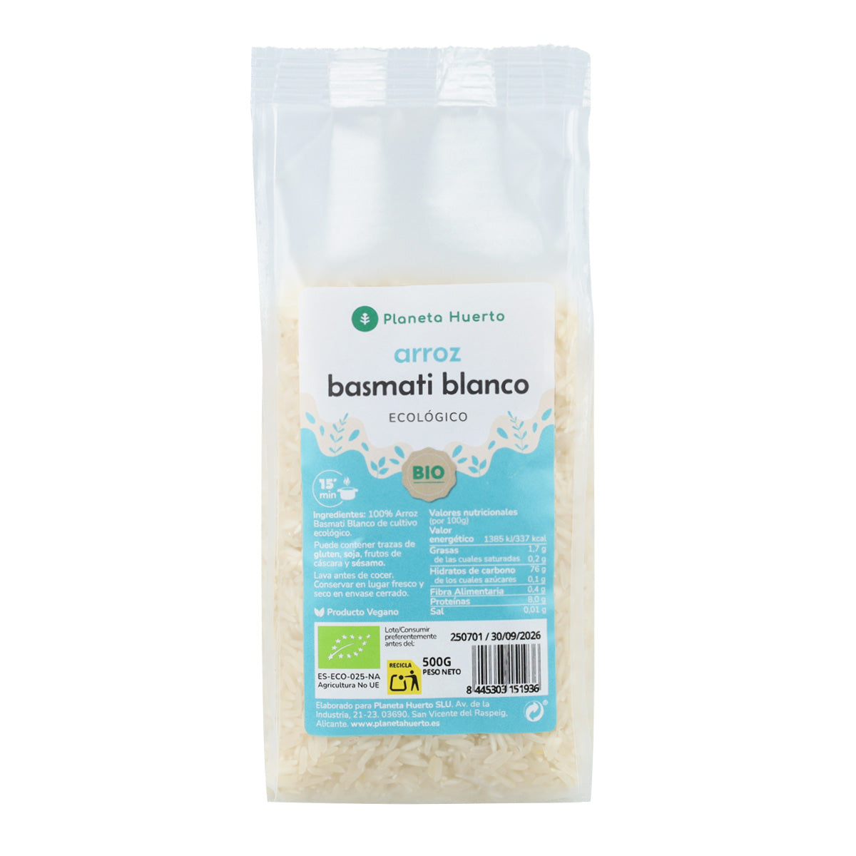 Arroz Basmati Branco Biológico Planeta Huerto 500 g