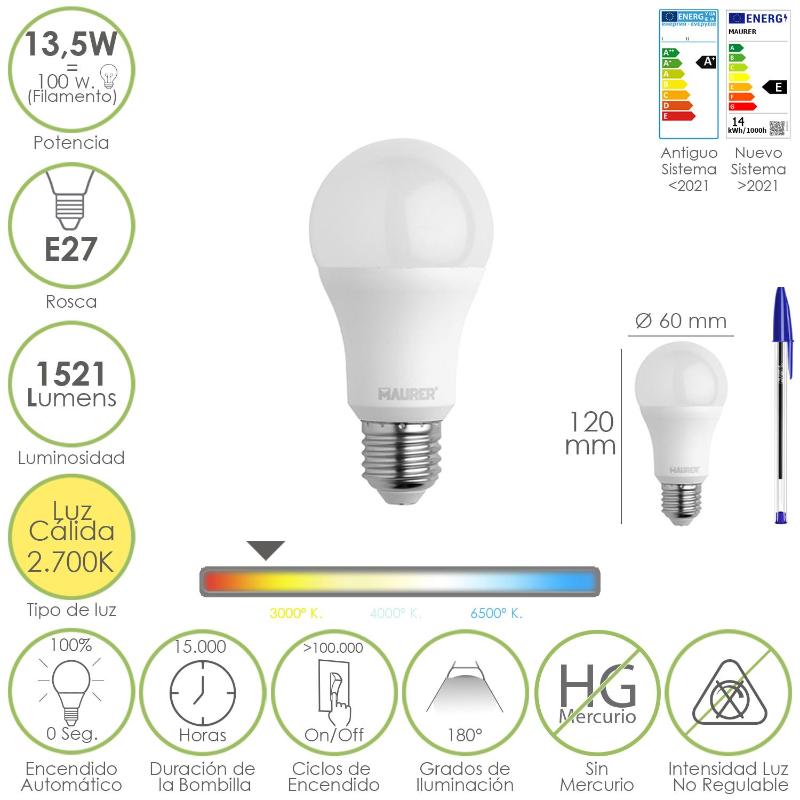 Bombilla Led Estandar Rosca E27. 13,5 Watt. Equivale A 100 Watt. 1521 Lumenes. Luz Calida (3000º K.)_0