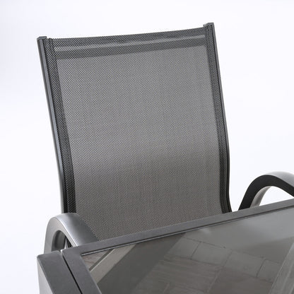 Conjunto Exterior Color Antracita, Mesa Extensible 80/160 Y 4 Sillones Apilables, Aluminio Reforzado, Textilene Plata Y Negro, 4 Plazas_4