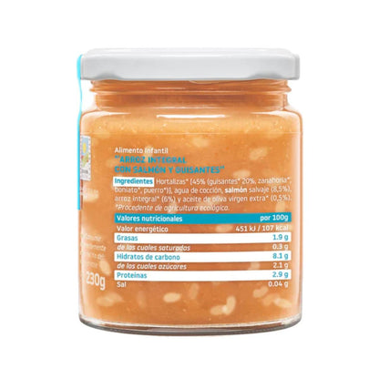 Embalagem de 3 frascos de arroz integral com salmão e ervilhas, ECO CA CHI TOS, 230g, Smileat