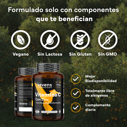 Pack 2x Vitamina C Con Zinc, Bioflavonoides Y Rosa Mosqueta De Sevens Nutrition. Refuerzo Del Sistema Inmunológico_3