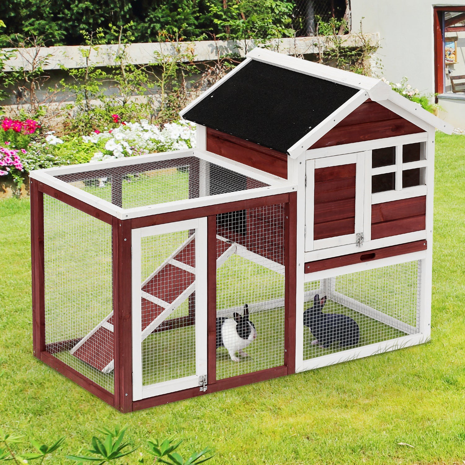 Pawhut Conejera De Madera Con Zona Abierta Y Rampa 123,5x62,6x92,5 Cm Marrón_1