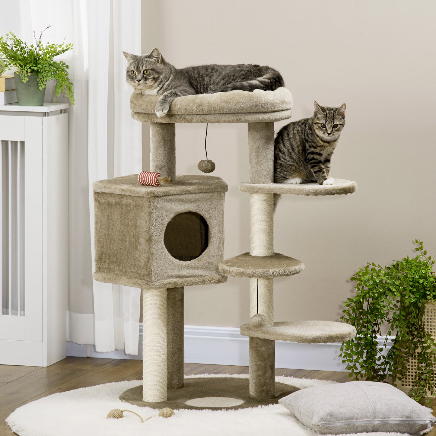 Pawhut Árbol Rascador Para Gatos Altura 94 Cm Con Cama Cueva 3 Escaleras Bolas_1