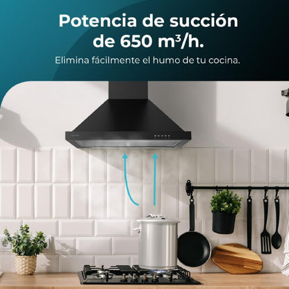 Campana Extractora 60 Cm Piramidal Bolero Flux Pm 606500 Black A. Motor 165w, Acabado Inox, Succión 650m3/h, Control Mecánico, 3 Niveles De Potencia_1