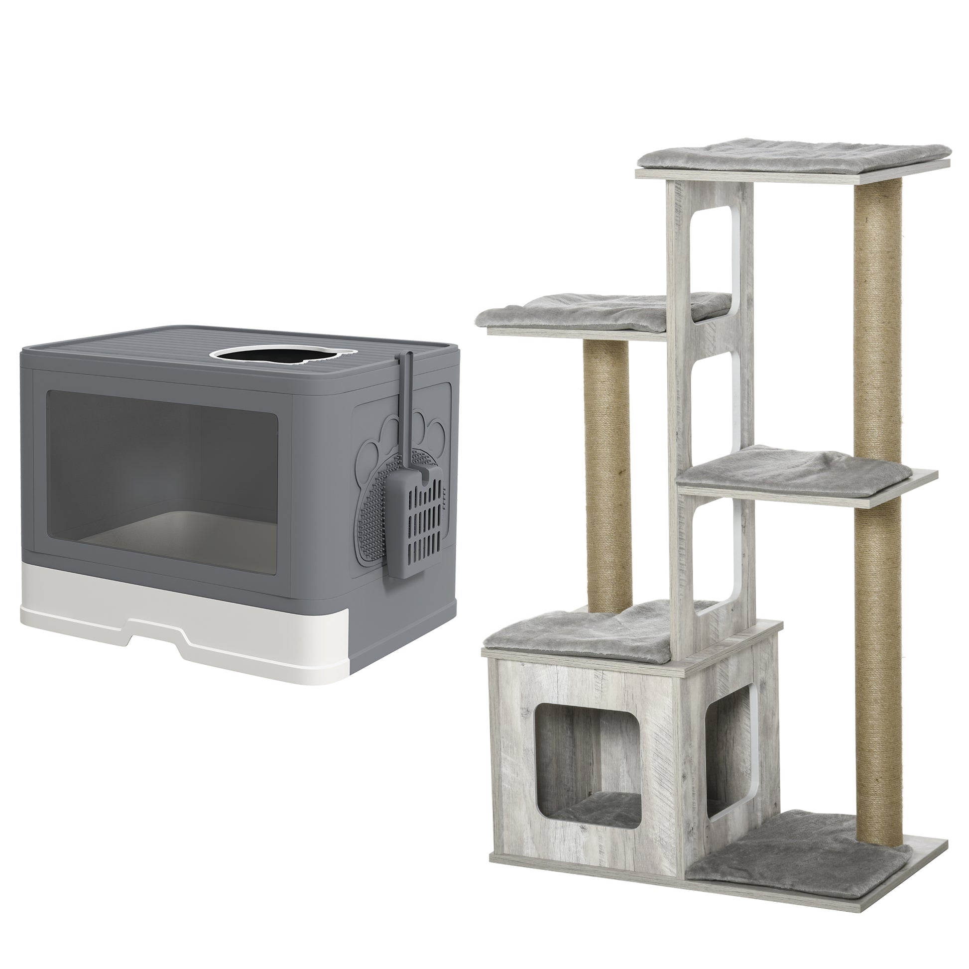 Pawhut Conjunto De 1 Árbol Rascador Para Gatos Y 1 Arenero Para Gatos Gris_0
