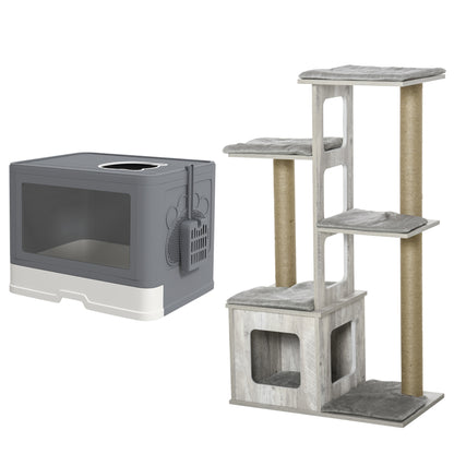 Pawhut Conjunto De 1 Árbol Rascador Para Gatos Y 1 Arenero Para Gatos Gris_0