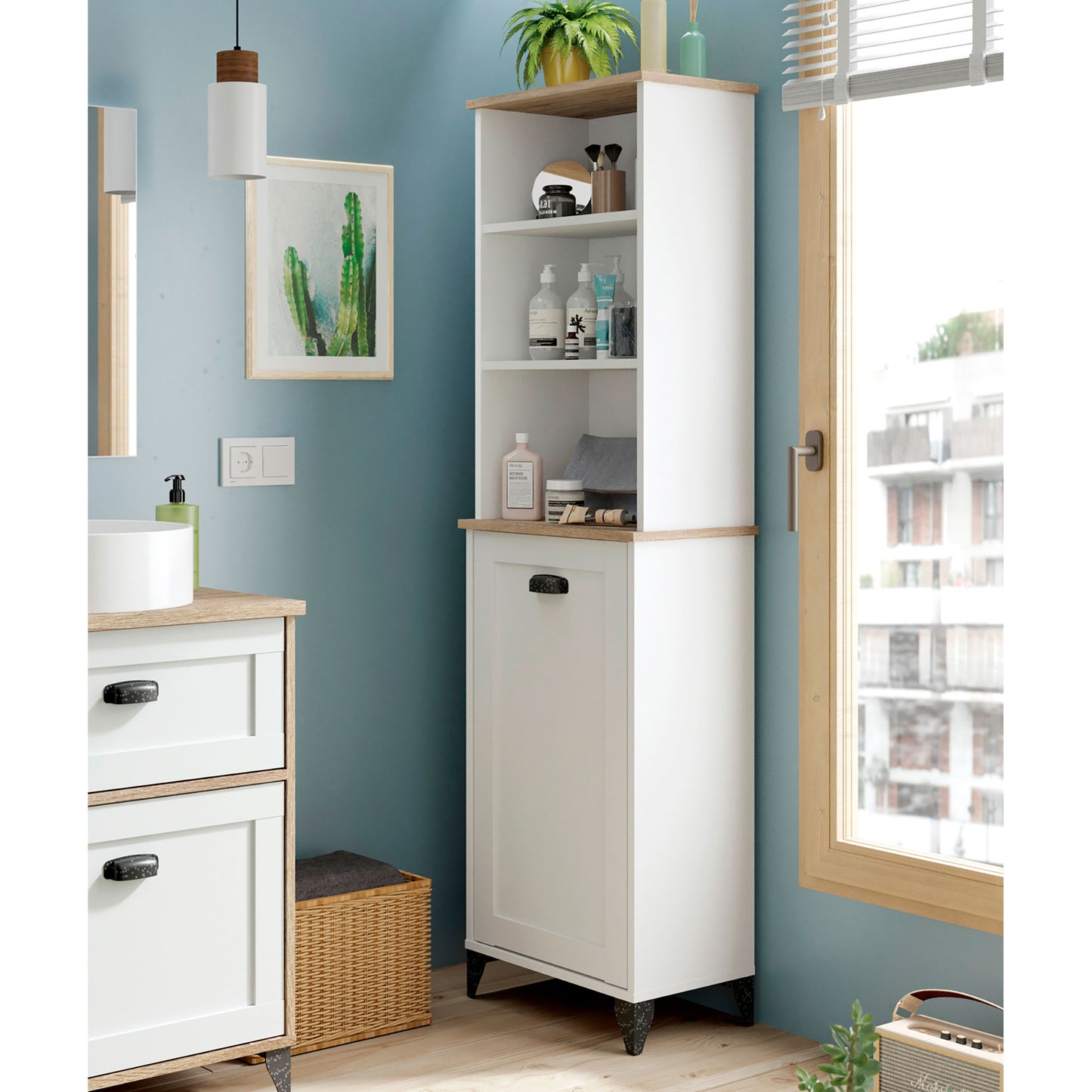 Columna De Baño, Mueble Auxiliar, Armario Alto Estilo Vintage 168x46,5x31 Cm Espacio Almacenaje, Briebe, Eterna, Blanco_1