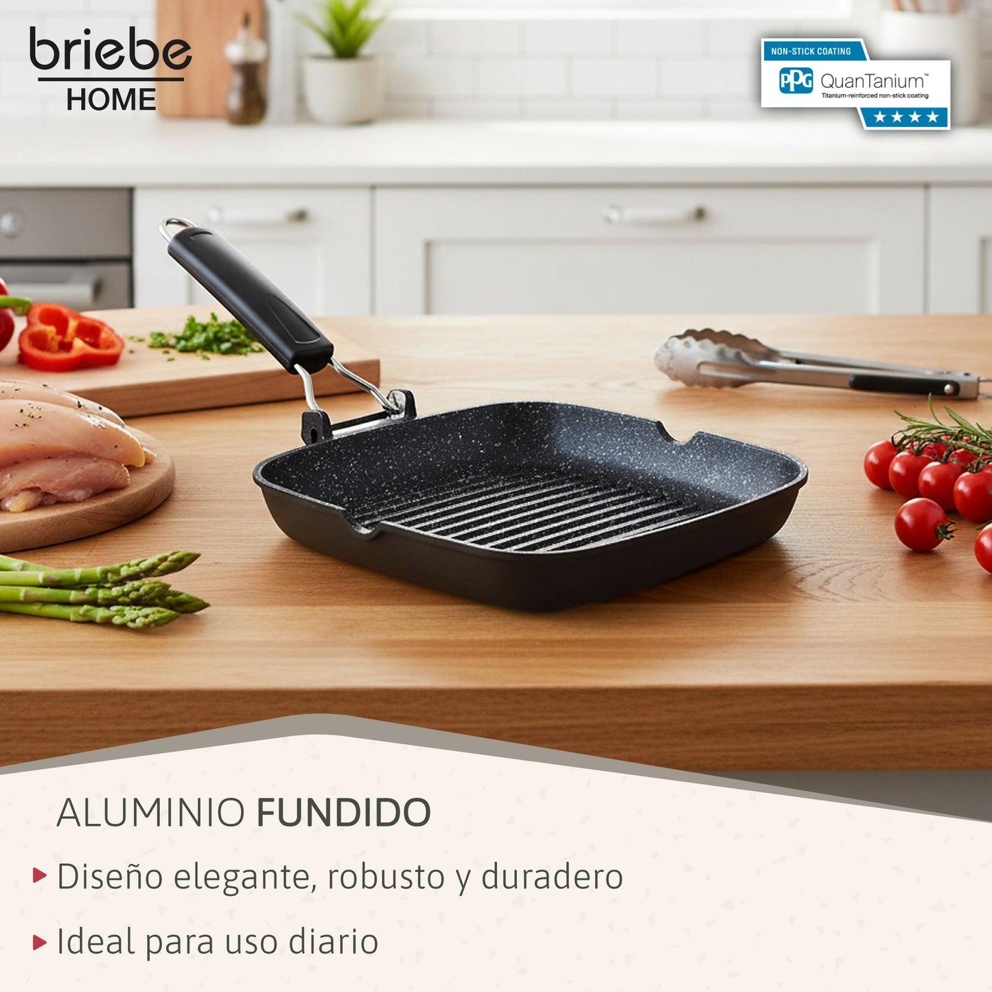 Briebe Grill Asador, Inducción, Antiadherente Titanio 20x20cm Aluminio Fundido Sin Pfoa Mango Plegable, Gp1157, Negro_2