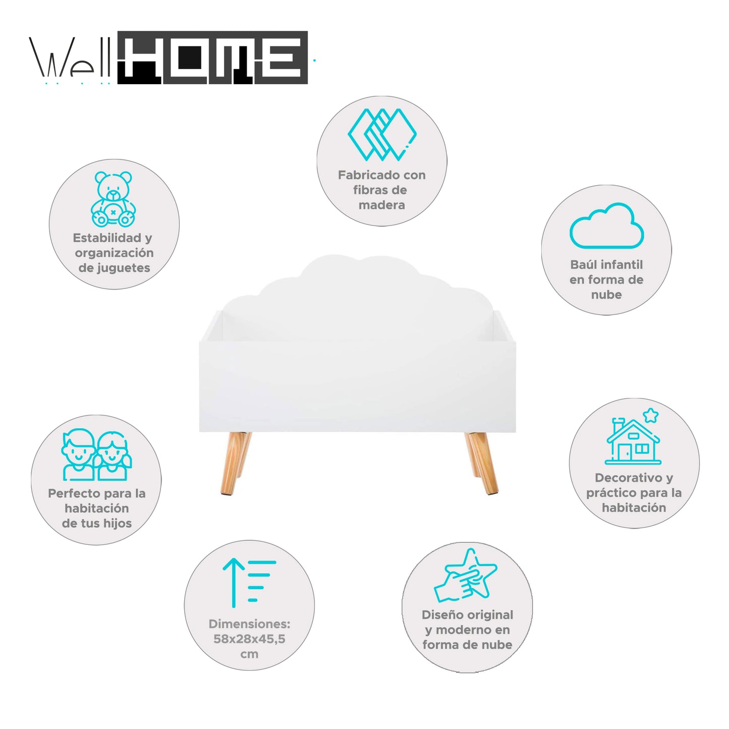 Wellhome Baúl Infantil Nube Blanco, Ideal Para Juguetes, 58x28x45,5cm_1