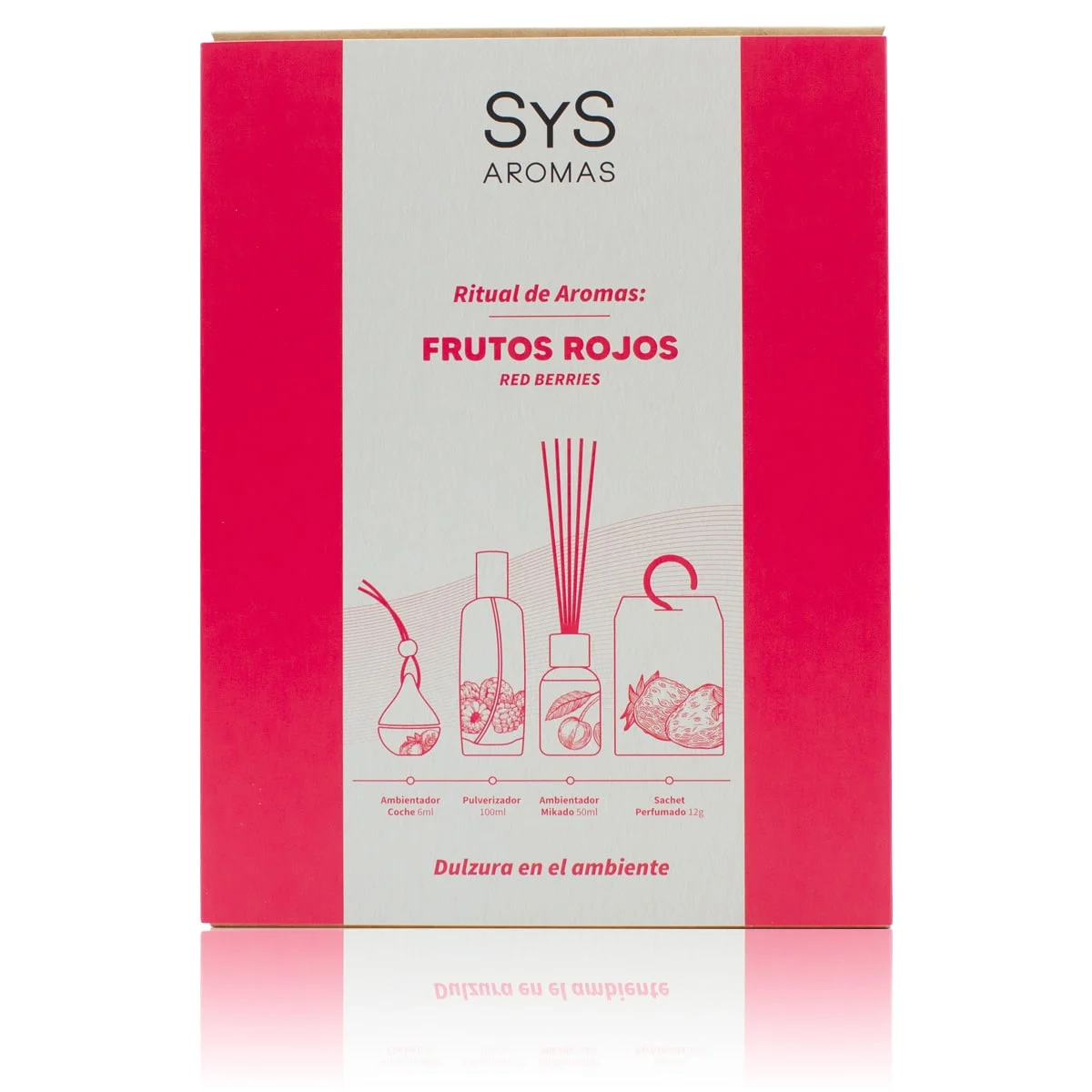 Pack Frutos Rojos SYS Aromas | Mikado 50ml + Spray 100ml + Coche 6ml + Sachet | Afrutado y Dulce | Hecho en España_0
