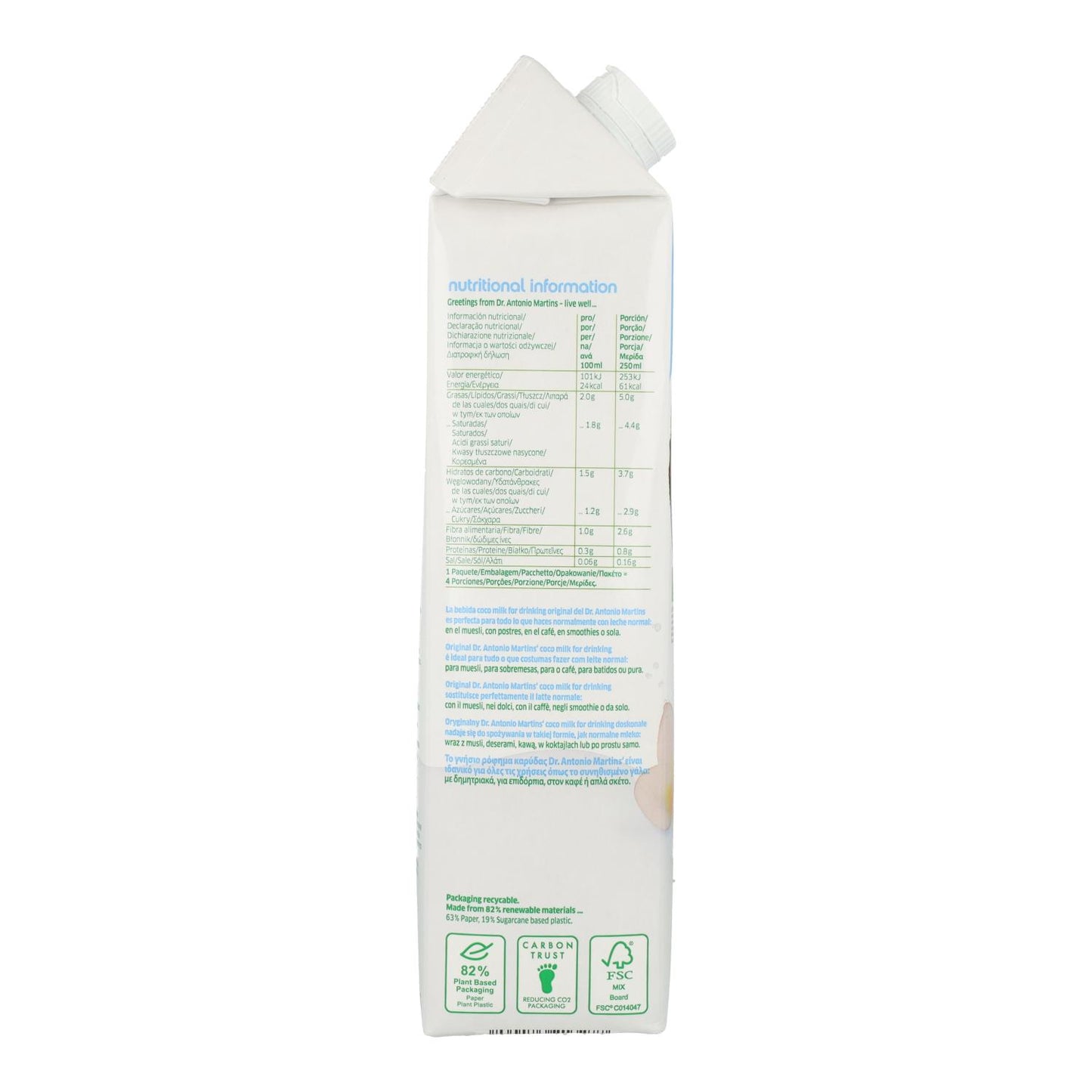 Leite de coco biológico Dr. Martins 2% de gordura 1L