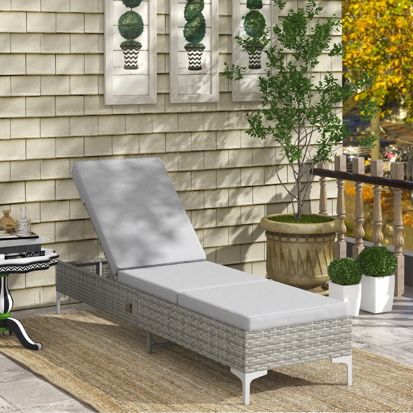 Outsunny Tumbona De Ratán Con Respaldo Ajustable 202x61x29-98 Cm Gris_1