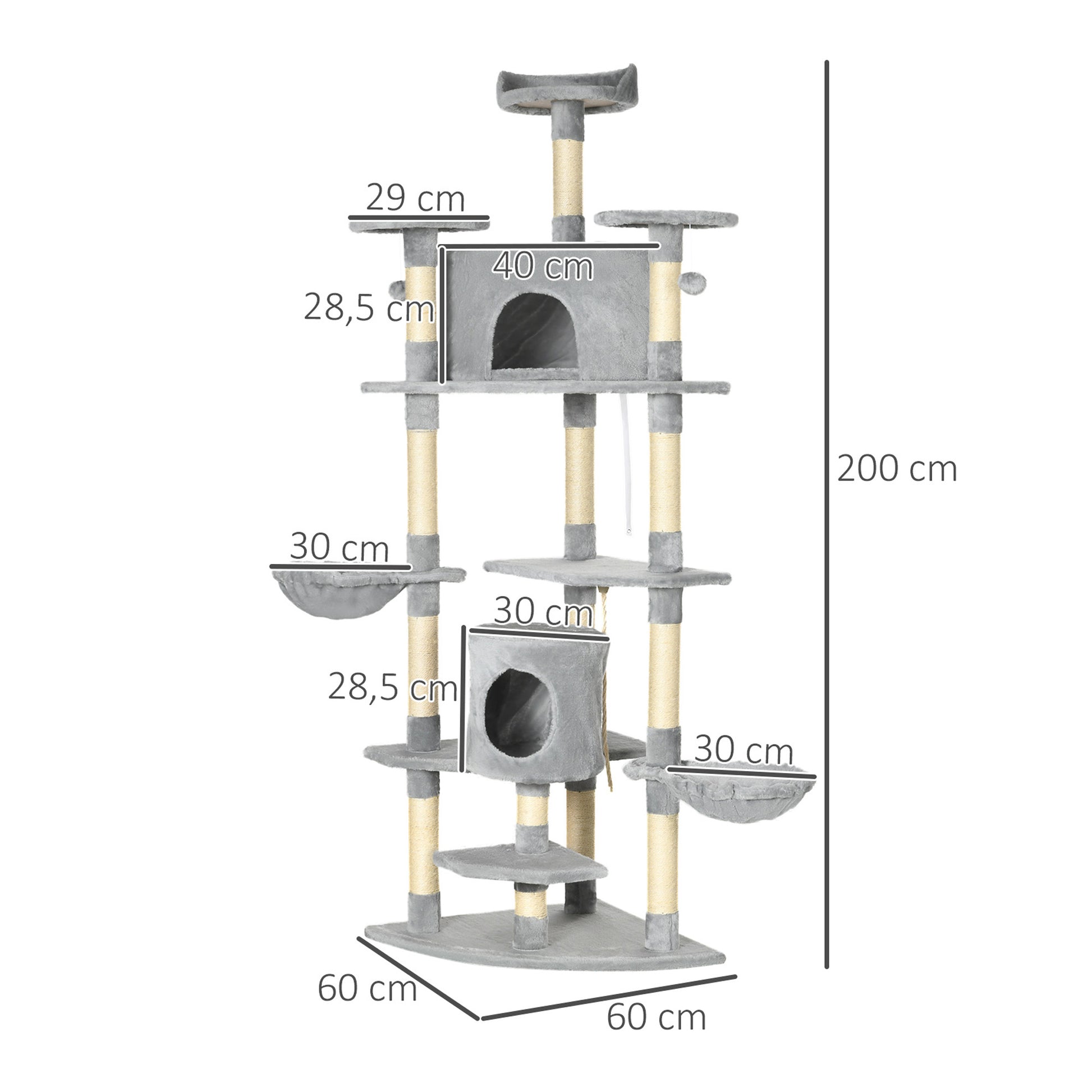Pawhut Árbol Rascador Para Gatos 60x60x200 Cm Con 2 Cuevas Múltiples Plataformas_2
