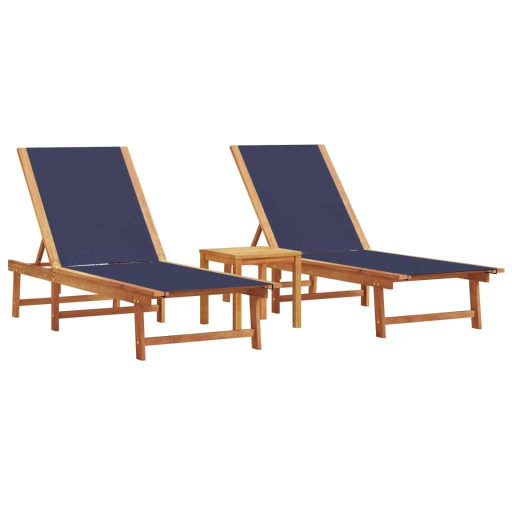 Tumbonas 2 Uds Con Mesa Madera Maciza Acacia Y Textileno Azul / Vetonek_3