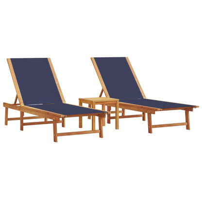 Tumbonas 2 Uds Con Mesa Madera Maciza Acacia Y Textileno Azul / Vetonek_3