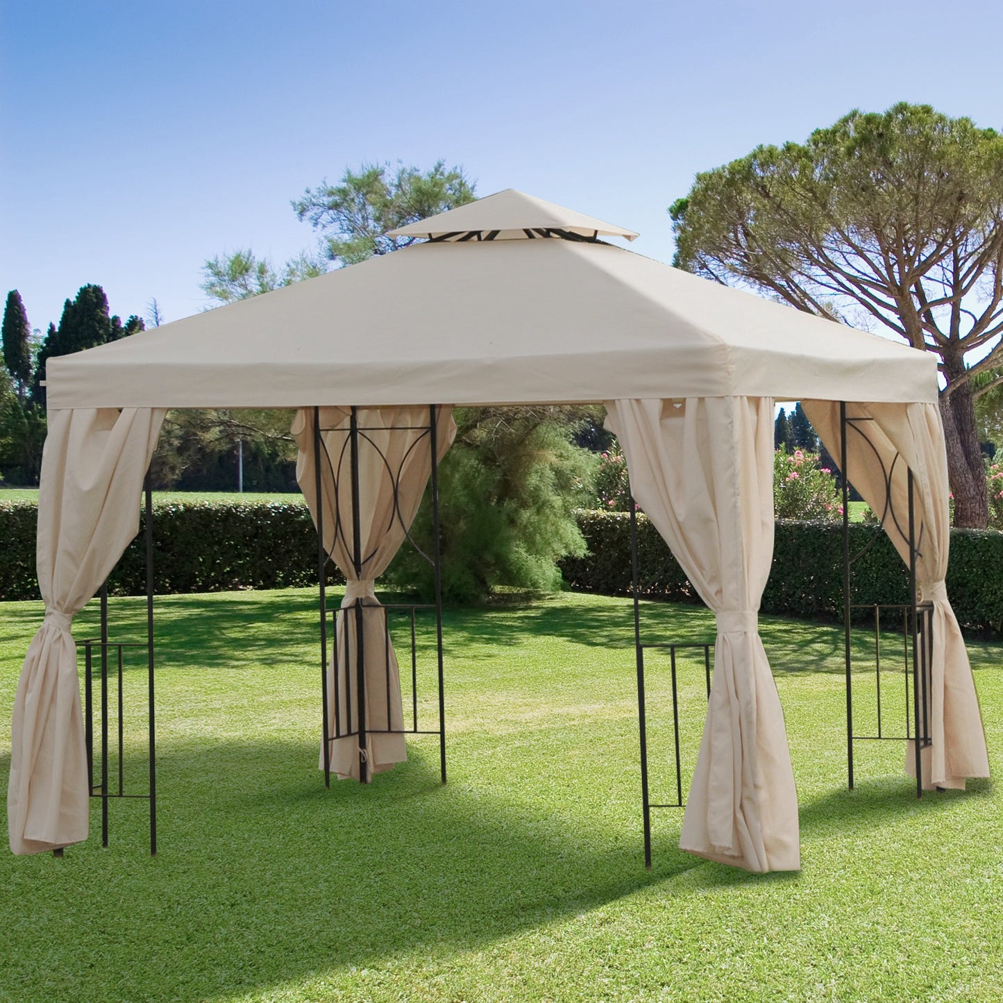 Outsunny Cenador De Jardín 3x3 M Con 4 Cortinas Laterales Extraíbles Beige_1